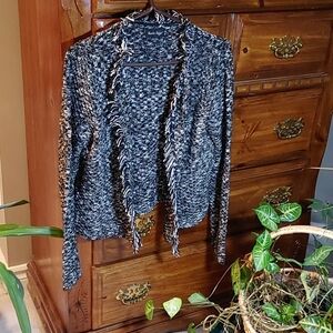Women's Black, White & Gold Woven  Fringed Long Sleeve Sweater Size Small